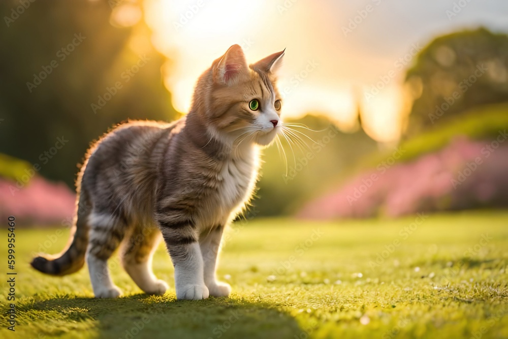 cat on the grass at sunrise, generative ai