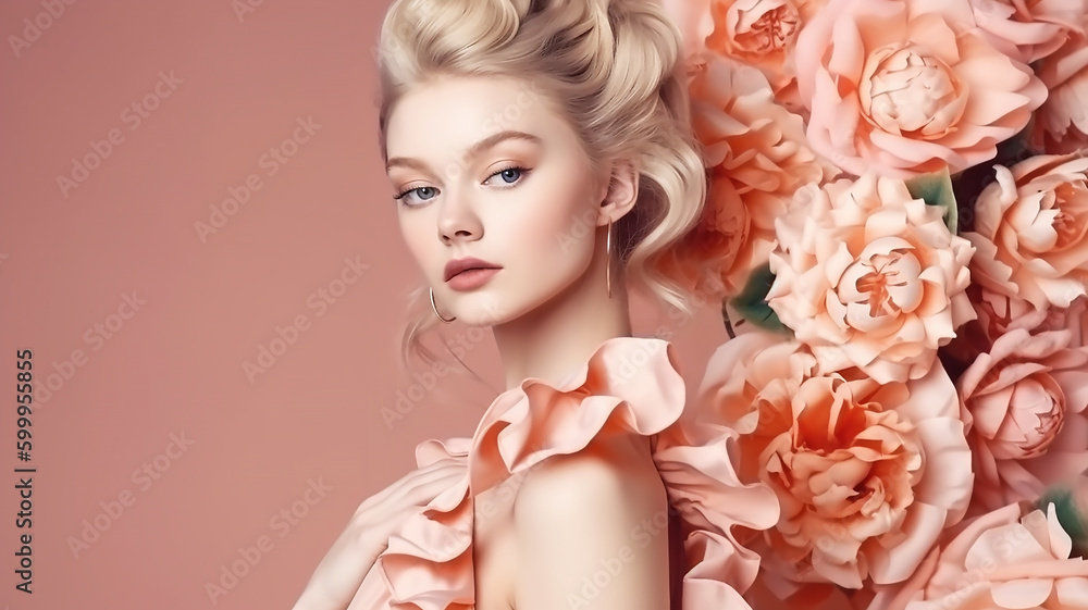 Fashion beautiful young woman in a pretty dress with flowers posing on a pink background, generative AI tools 