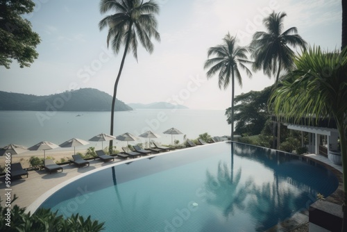 Outdoor tourism landscape. Luxurious beach resort with swimming pool. Summer travel and vacation background concept. Generative AI