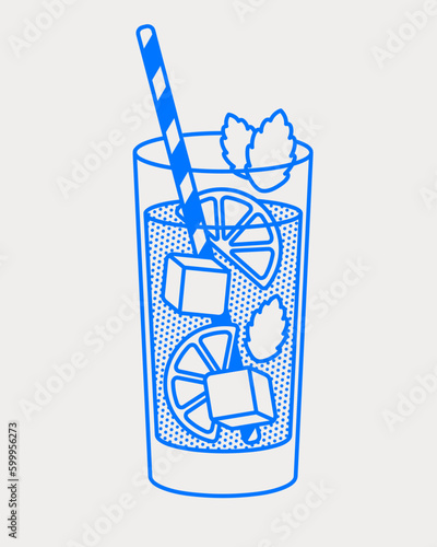 Mohito cocktail with lime slices, ice cubes, mint leaf, and straw. Line art, retro. Vector illustration for bars, cafes, and restaurants.