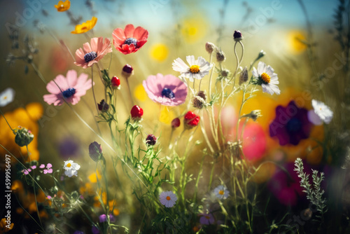 Wild summer flowers in sunlight, Generative AI 