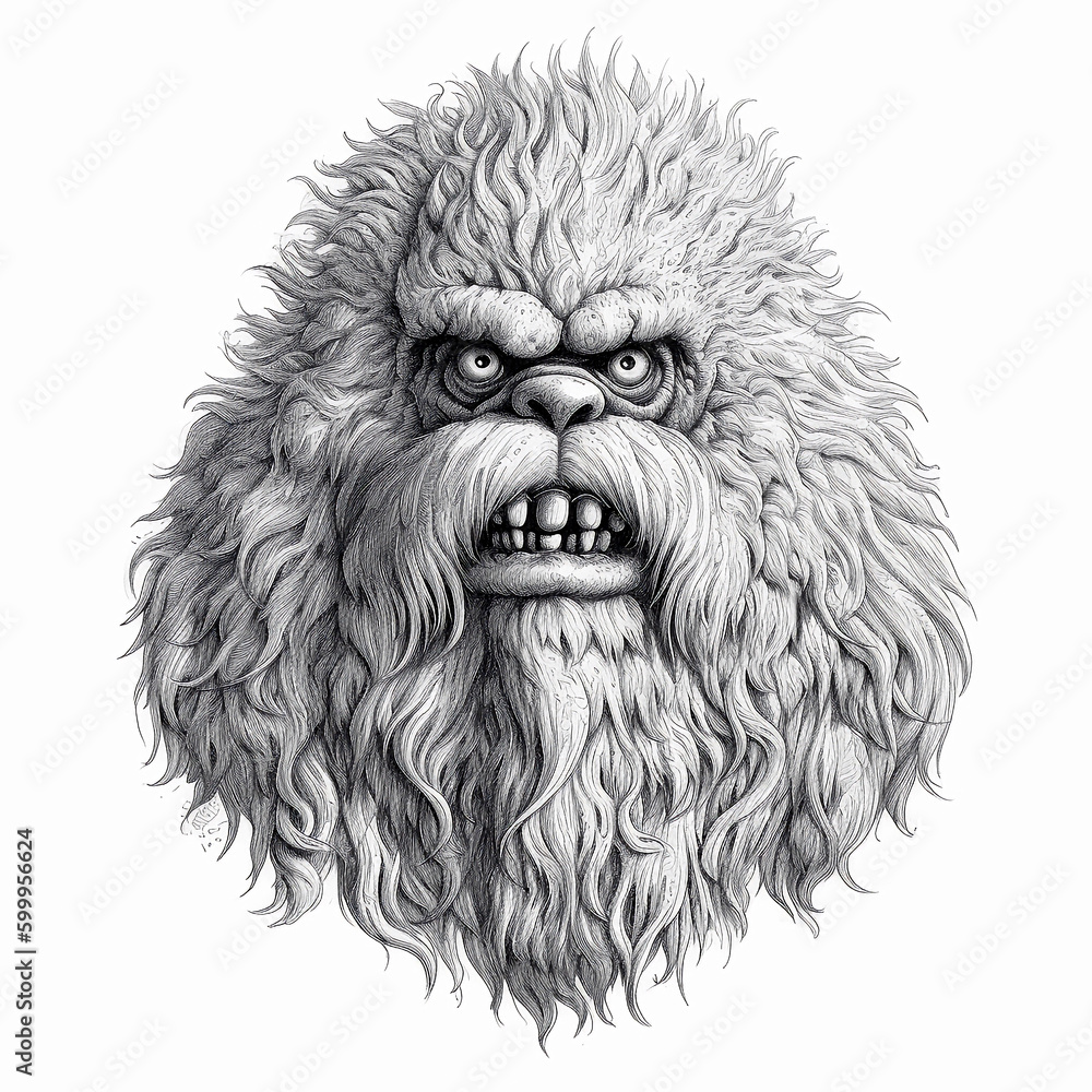 Drawing of sasquatch head, cartoon creepy monster isolated on white, t-short  design. Generative AI Stock Illustration | Adobe Stock