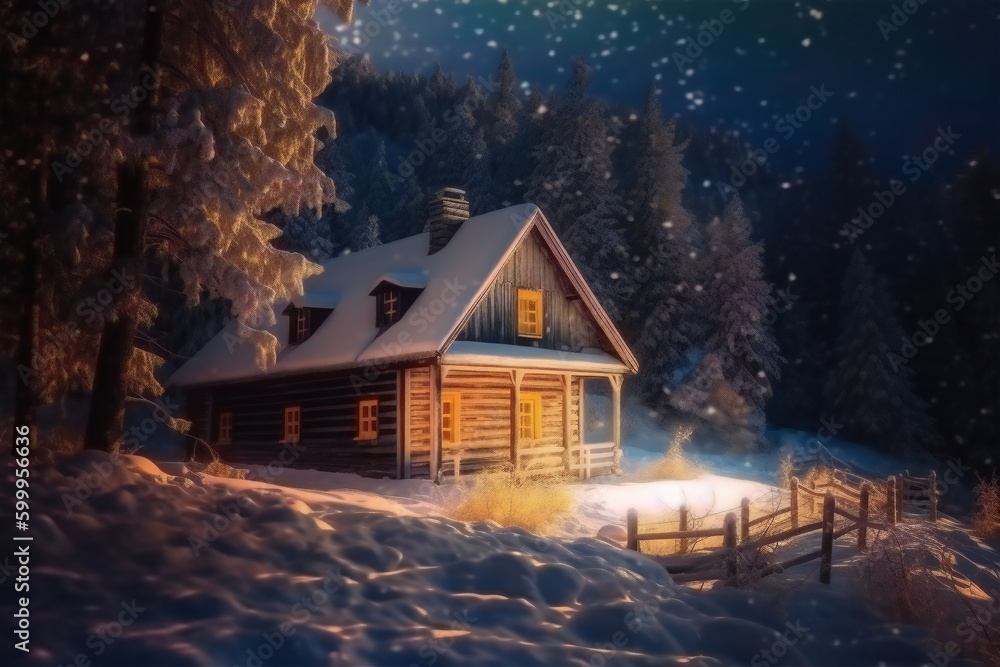  Forest hut in winter with starry sky created with Generative AI