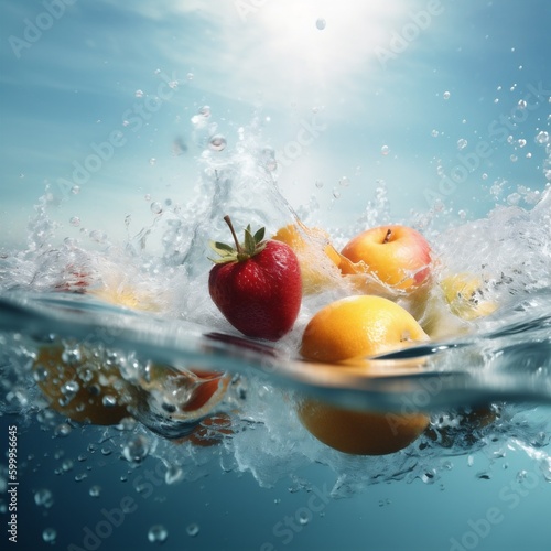 citrus strawberry water healthy fruit green background fresh drop food vitamin. Generative AI.