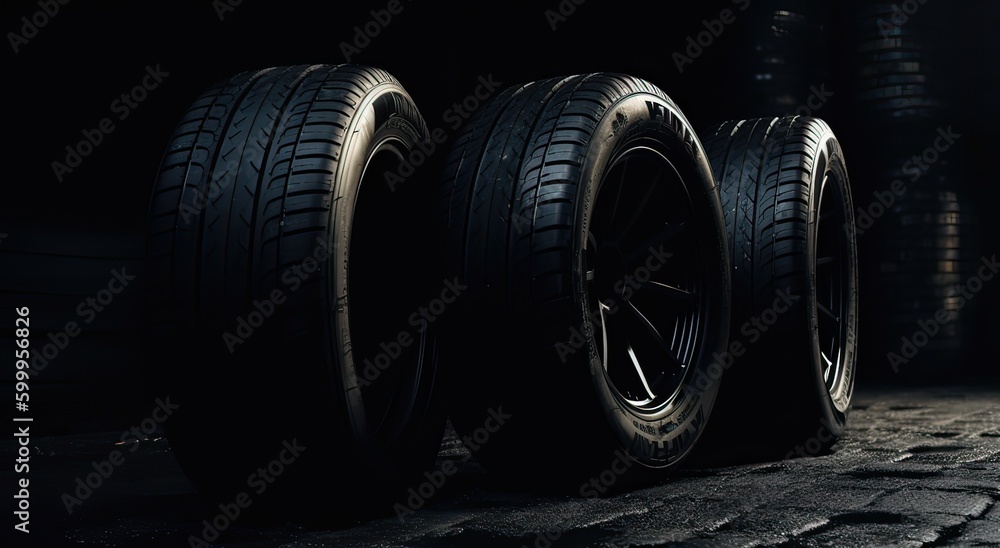 New car tires. Group of road wheels on dark background. Summer Tires with asymmetric tread design. Driving car concept. Generative Ai. New car tires. Group of road wheels on dark background. Summer Tires with asymmetric tread design. Driving car concept. Generative Ai.