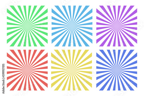 Set of radial backgrounds in various colors with white radial rays