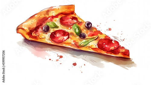 Slice of Pizza Pepperoni. Vintage clip art illustration, Delicious fresh hot pizza with Melted Cheese and Salami, isolated on white background. Generated AI