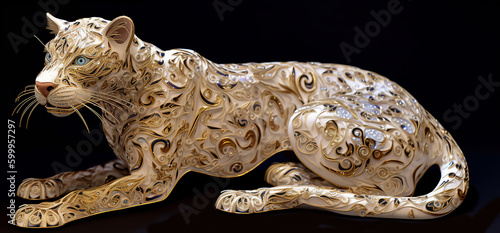 Quilling mystical French Panther with white and gold flow. Isolated on a black background. Premium award background.