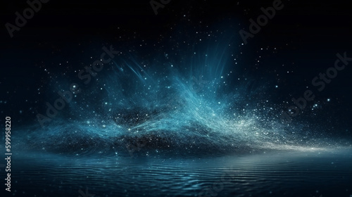 Glitter mist. Fluid splash. Blue silver gray color gradient shiny smoke veil wave on starry night sky. IA générative.