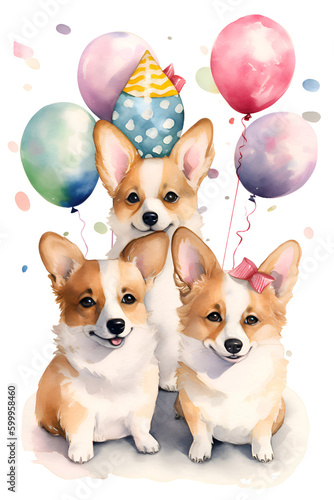 Cute corgi dogs with air colored balloons, watercolor, Generative AI © Alina