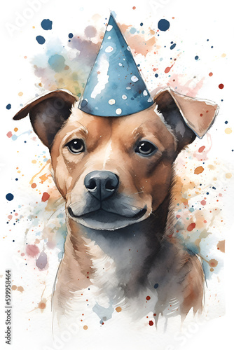 cute dog in birthday hat on white background, Generative AI 2