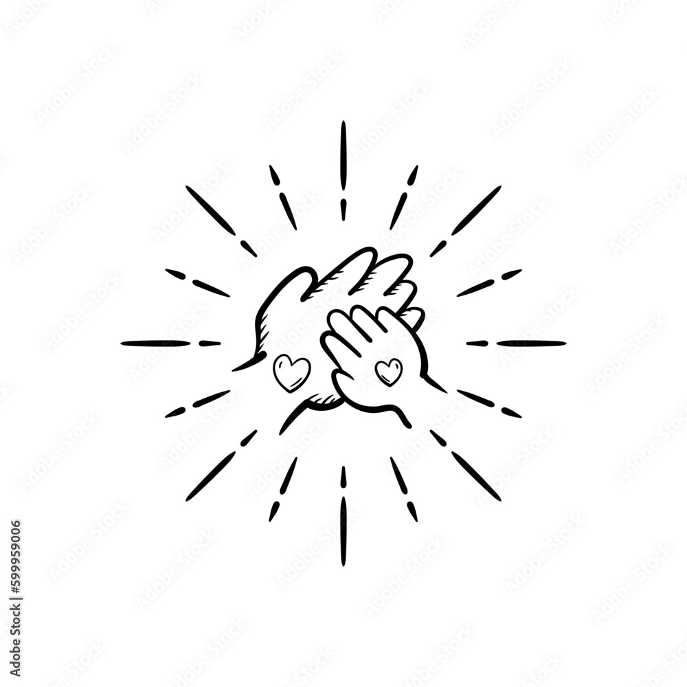 Obraz premium Mother and baby kid hands love holding together line art hand drawn doodle sketch logo illustration
