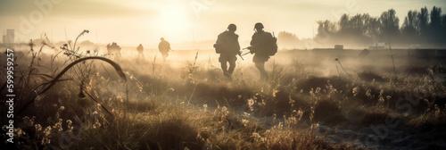 Army soldiers on field against a sunset, surrounded trees and fog. AI generative illustration.