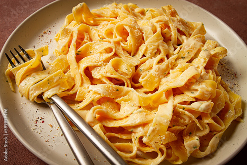 Fettuccine, tagliatelle, in creamy garlic sauce, Italian traditional cuisine, pasta carbonaro,