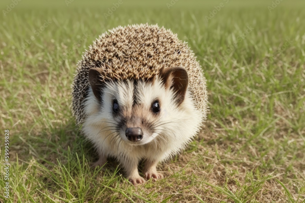 Cute baby hedgehog closeup on grass, Baby hedgehog playing on grass, generative ai Cute baby hedgehog closeup on grass, Baby hedgehog playing on grass, generative ai