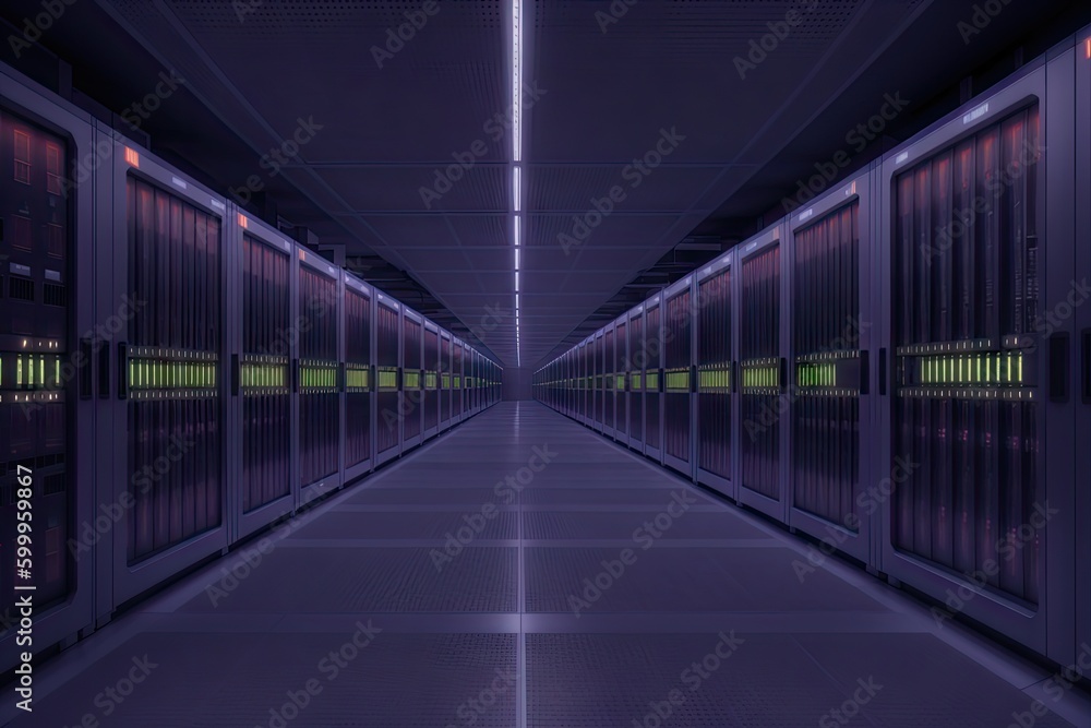 Server racks in computer network security server room data center., generative ai Server racks in computer network security server room data center., generative ai