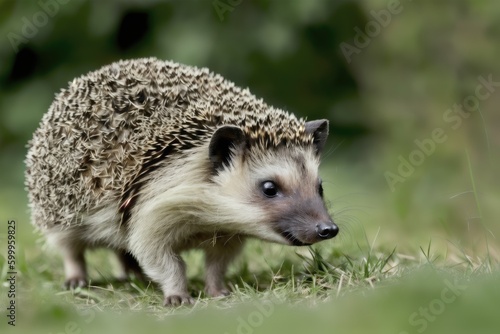 Cute baby hedgehog closeup on grass, Baby hedgehog playing on grass, generative ai