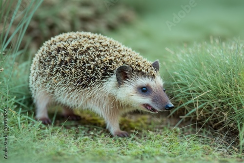 Cute baby hedgehog closeup on grass, Baby hedgehog playing on grass, generative ai