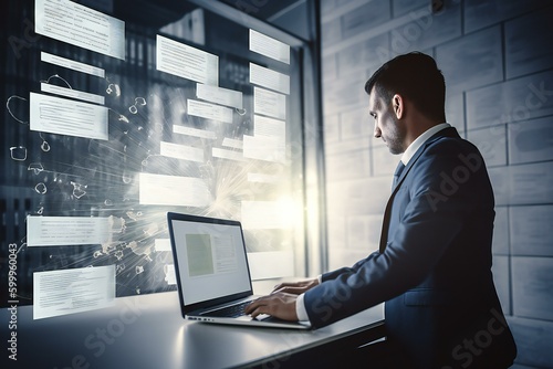 Businessman financier accountant working with laptop computer and documents. ERP, document management concept. Generative AI