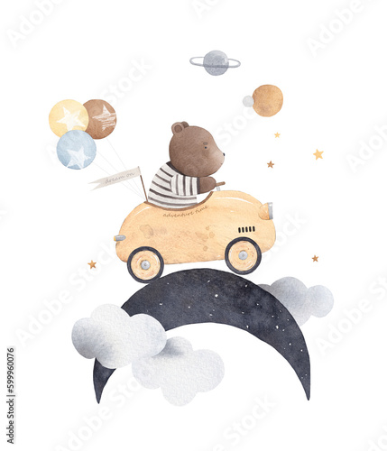 Teddy bear rides in a orange sports car on the moon. Fantastic dream about space. Watercolor poster. Illustration for kids room.