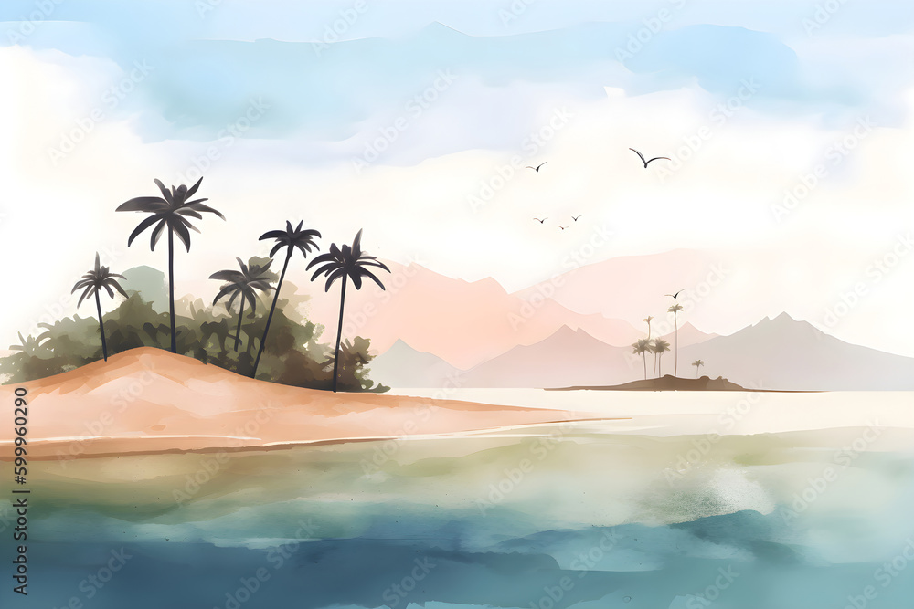 Sandy beach with palm trees near the ocean, summer vacation, watercolor, Generative AI