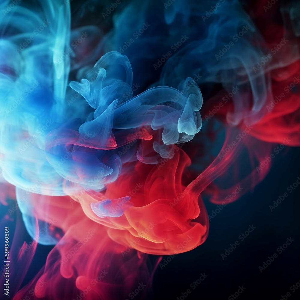 Color smoke abstract background. Cold and hot contrast. Defocused blue red contrast light glowing vapor floating cloud texture. Generative AI