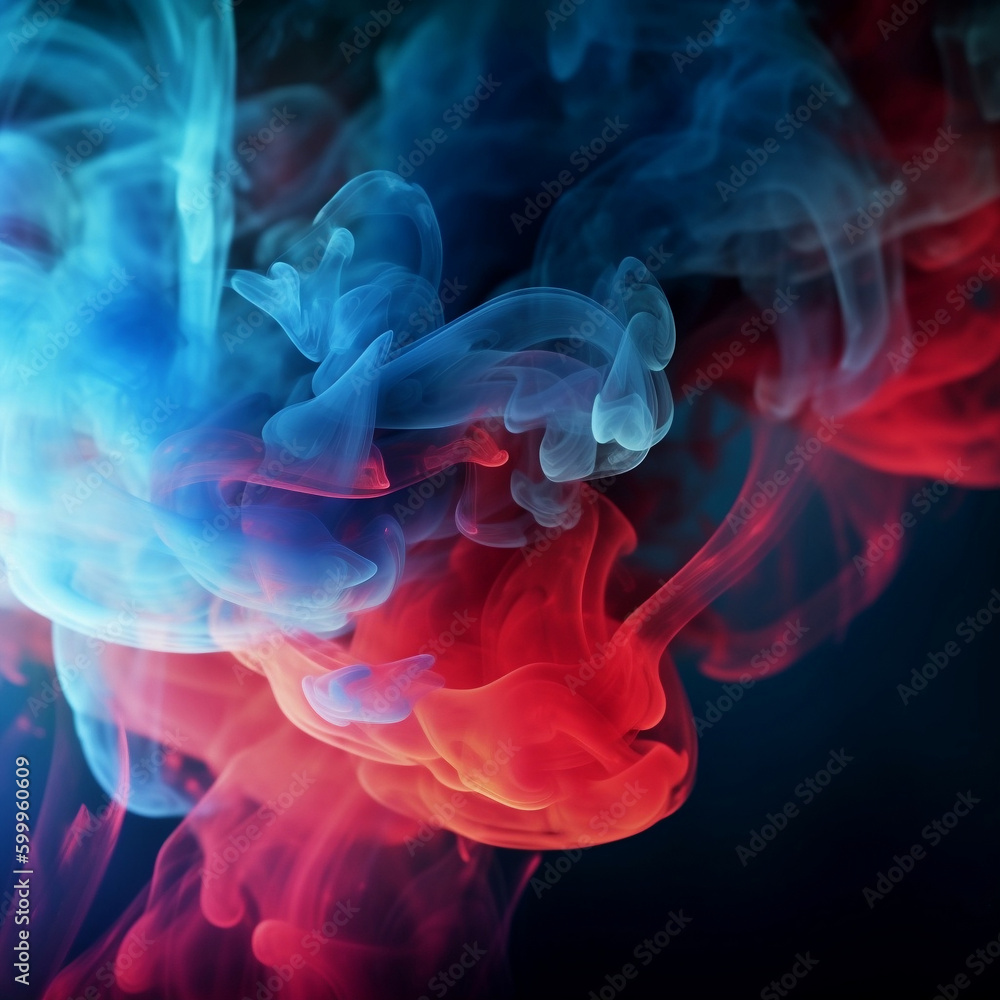 Obraz premium Color smoke abstract background. Cold and hot contrast. Defocused blue red contrast light glowing vapor floating cloud texture. Generative AI