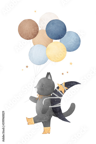 Cute cat carries the moon on its back. Cat with a balloon and stars. Watercolor illustration.