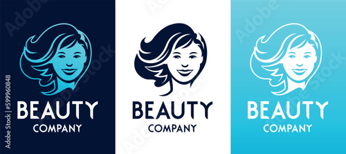 Beautiful woman face and hair front view hairdresser beauty salon or cosmetic brand vector business logo template.