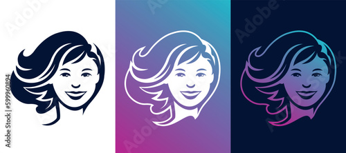 Set of vector business logo template of a beautiful woman face for hairdresser beauty salon or cosmetic brand.