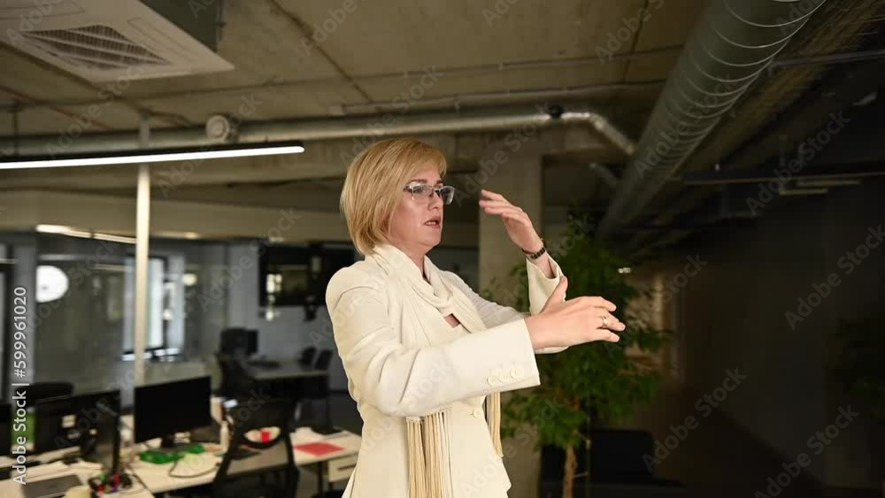 Business woman in a white pantsuit talking in the office. Video 360 degrees. Slow motion. Business woman in a white pantsuit talking in the office. Video 360 degrees. Slow motion.