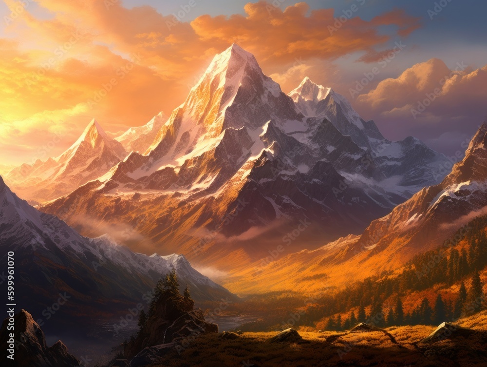 A majestic mountain range at sunrise, with a warm, golden light illuminating the peaks. Generative AI