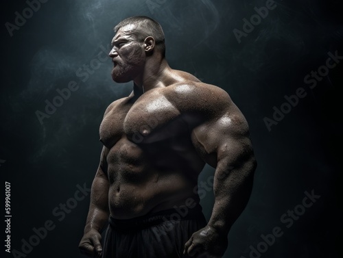 a heavy weight bodybuilder in dark background. Generative AI