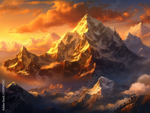 A majestic mountain range at sunrise, with a warm, golden light illuminating the peaks. Generative AI