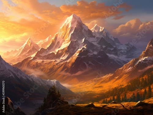 A majestic mountain range at sunrise, with a warm, golden light illuminating the peaks. Generative AI