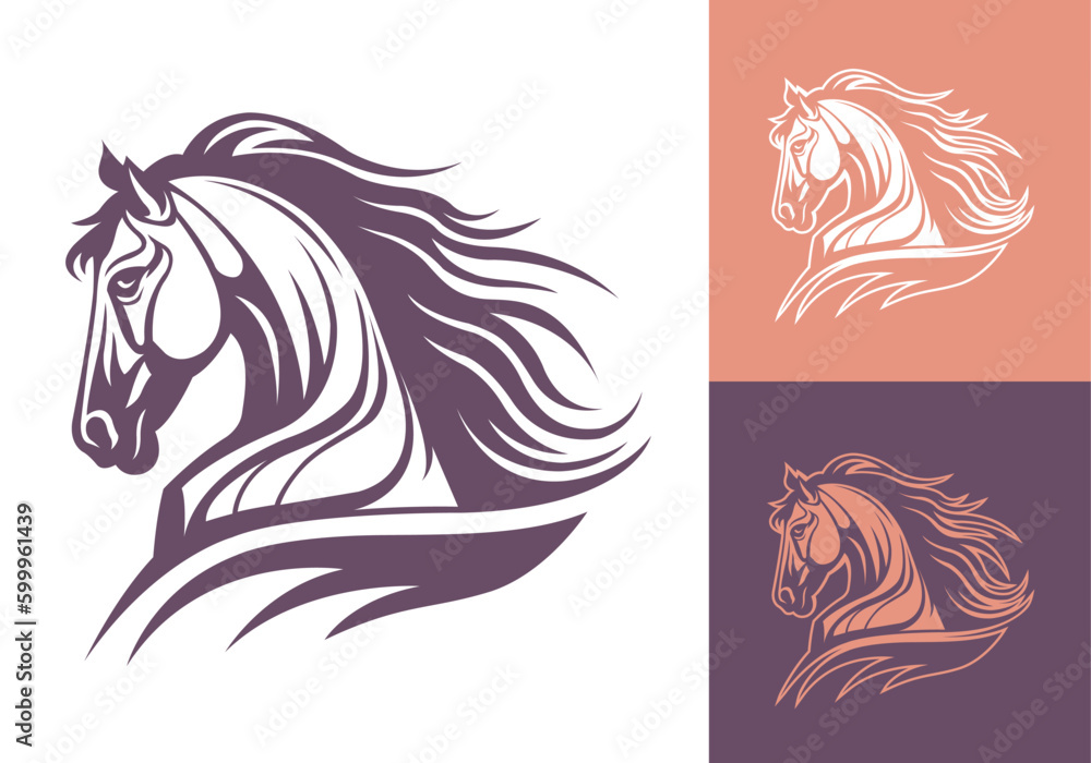 Vector horse head vector line art illustration isolated on dark and white background. Stallion business logo design template.
