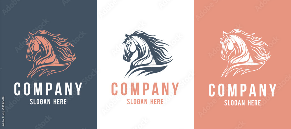 Stallion mascot front and side view company logo vector line art illustration on black and white background. Horse head business logo design.