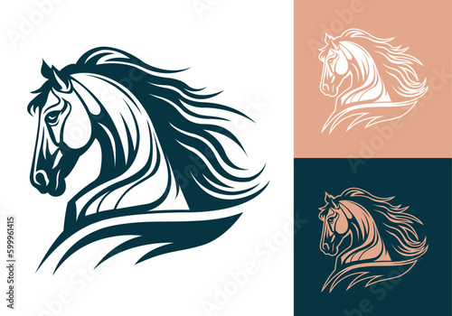 Vector silhouette of a horse head logo template design line art illustration isolated on white and dark backgrounds. Dynamic stallion head brand identity logotype design. photo