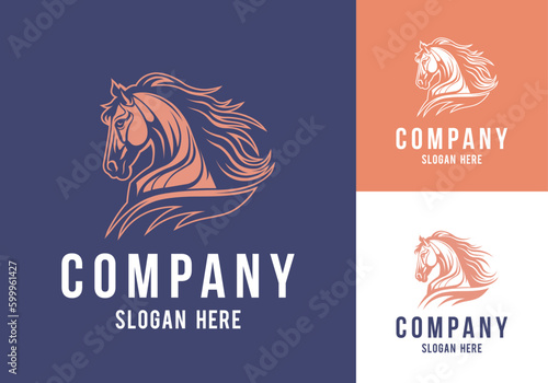 Stallion mascot front and side view company logo vector line art illustration on black and white background. Horse head business logo design.