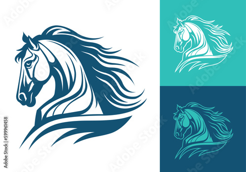 Vector silhouette of a horse head logo template design line art illustration isolated on white and dark backgrounds. Dynamic stallion head brand identity logotype design.