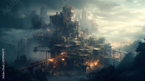 A city covered in fog filled with mysterious creatur. AI generated