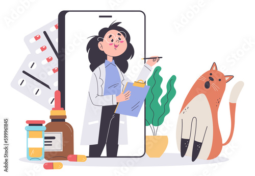 Veterinarian hospital online pet care doctor concept. Vector graphic design illustration