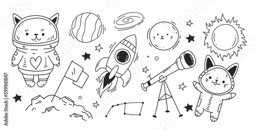 Space astronaut space cute cat pet line art isolated concept set. Vector graphic design element illustration