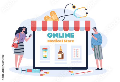 Medication pharmacy order app retail online medical concept. Vector graphic design illustration