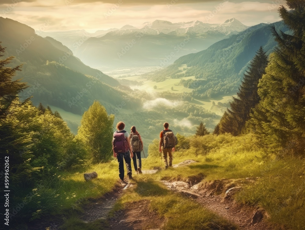 A group of friends hiking along a scenic trail, with a stunning view of a valley and mountains in the distance. Generative AI