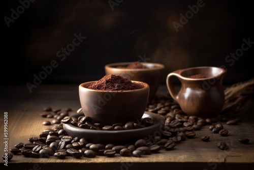 bean espresso mug morning brown cup aroma drink cafe breakfast. Generative AI.
