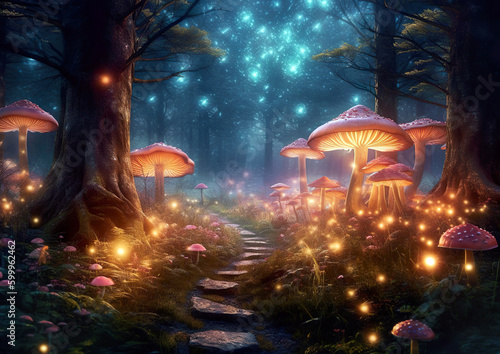 A path that leads to a separate world in the depths of the forest. Wonderful environment for fairy tale illustrations and even wallpaper.Magic fairytale forest with fireflies lights.AI generated illus photo