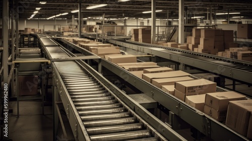 A conveyor belt transporting packages in a sorting. AI generated