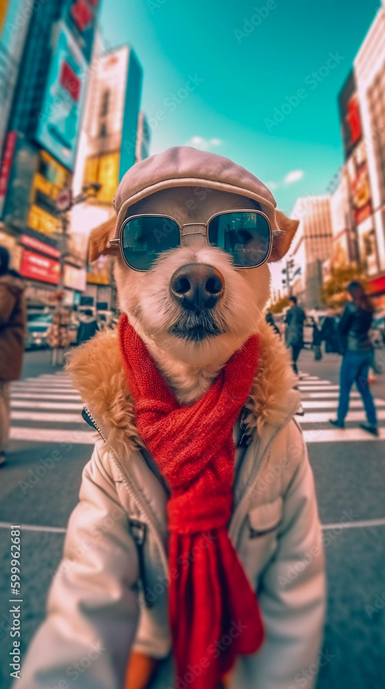 Dog take selfie on Japan trip in Tokyo, Generative AI