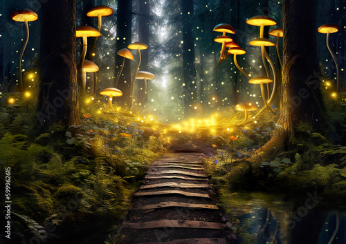 A path that leads to a separate world in the depths of the forest. Wonderful environment for fairy tale illustrations and even wallpaper.Magic fairytale forest with fireflies lights.AI generated illus